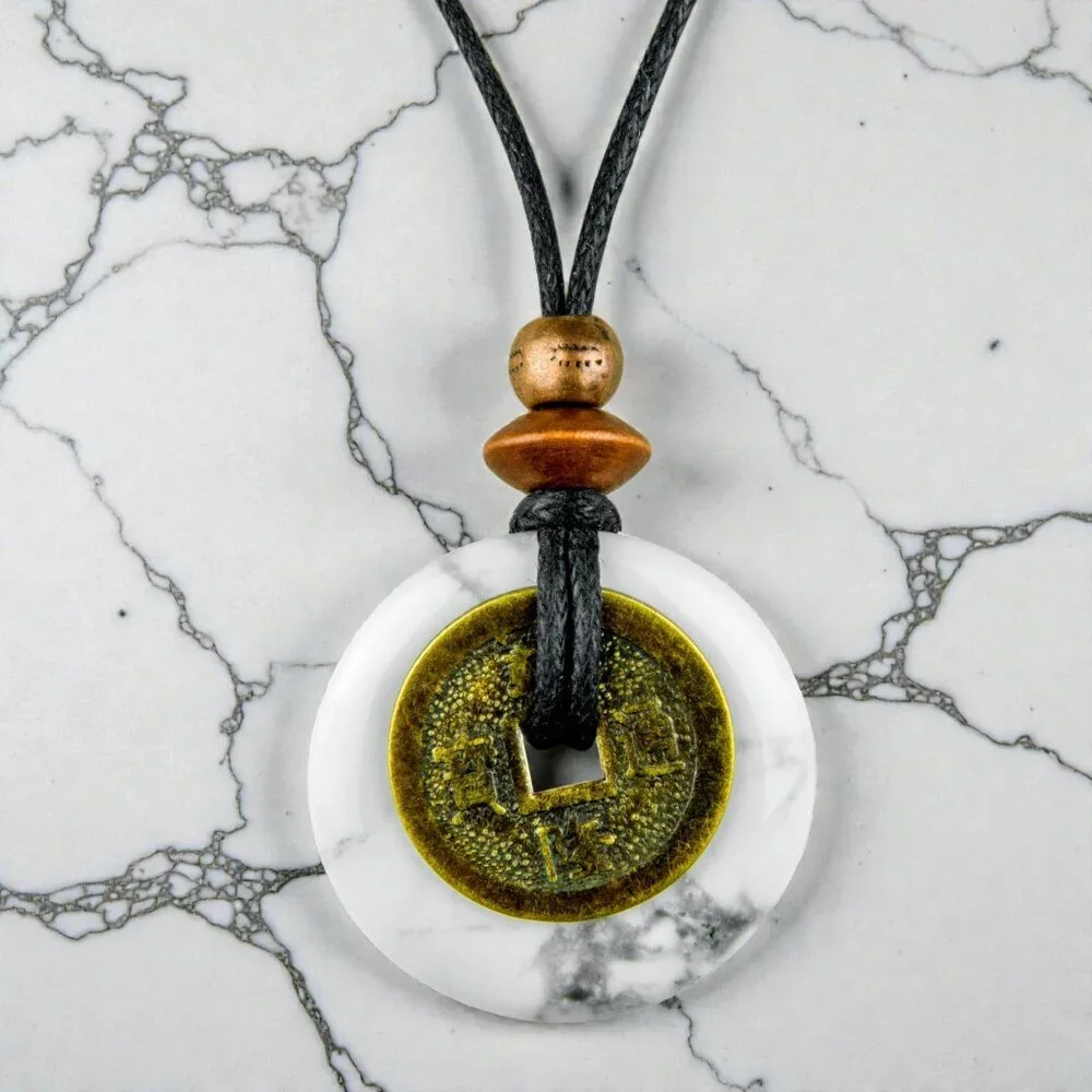 White Howlite & Chinese Lucky Coin Pendant Necklace | Handmade - Picture 1 of 5